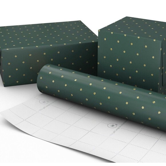 Hallmark Wrapping Paper Christmas Gold Glitter Dots On Green 35 sq ft Roll - Picture 3 of 6